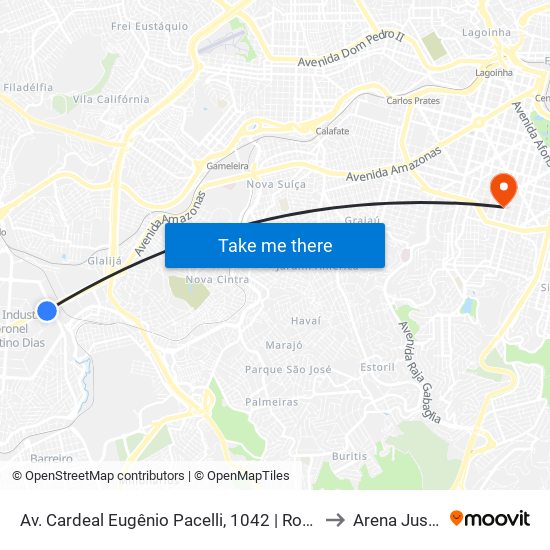 Av. Cardeal Eugênio Pacelli, 1042 | Rotatória Da Antiga Fábrica Aymoré (Atrás Do Santander) to Arena Juscelino Kubitschek map