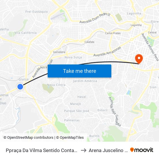 Ppraça Da Vilma Sentido Contagem/Betim/Barreiro to Arena Juscelino Kubitschek map