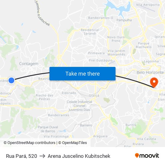 Rua Pará, 520 to Arena Juscelino Kubitschek map
