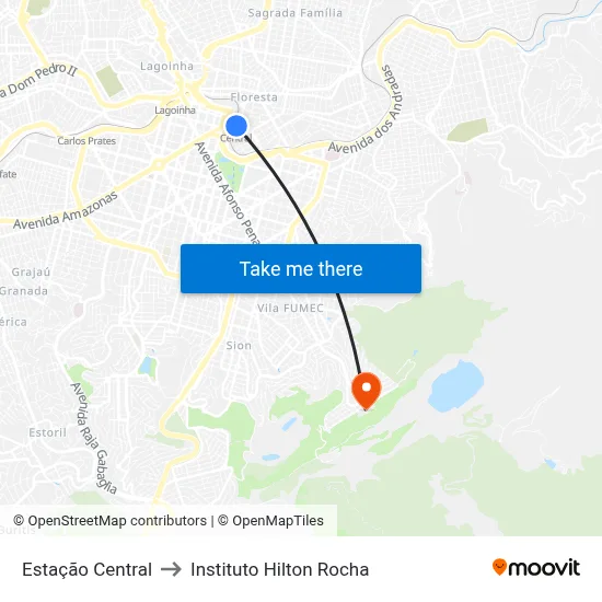 Estação Central to Instituto Hilton Rocha map