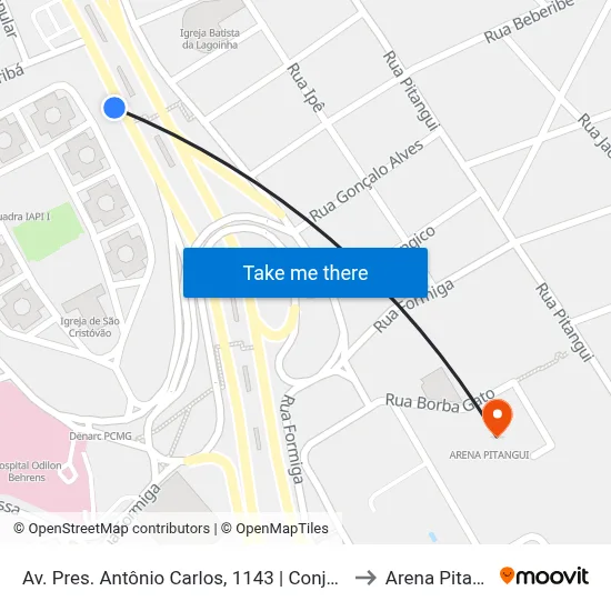 Av. Pres. Antônio Carlos, 1143 | Conjunto Iapi to Arena Pitangui map