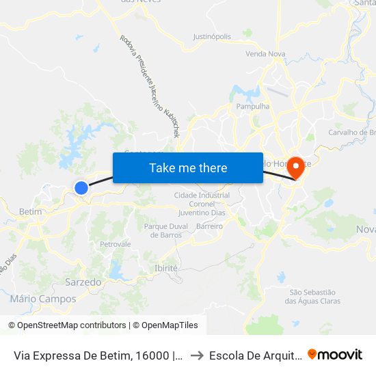 Via Expressa De Betim, 16000 | Hospital Mater Dei Betim to Escola De Arquitetura Da Ufmg map