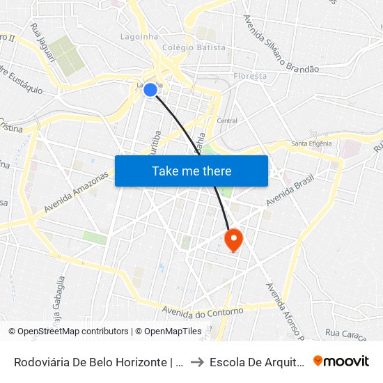 Rodoviária De Belo Horizonte | Pátio Externo - Ponto 4 to Escola De Arquitetura Da Ufmg map