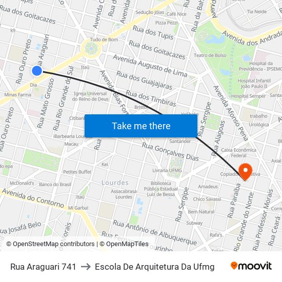 Rua Araguari 741 to Escola De Arquitetura Da Ufmg map