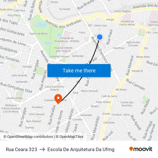 Rua Ceara 323 to Escola De Arquitetura Da Ufmg map