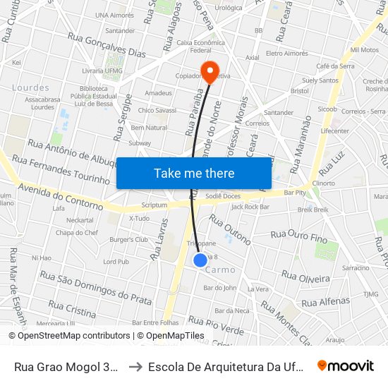 Rua Grao Mogol 360 to Escola De Arquitetura Da Ufmg map