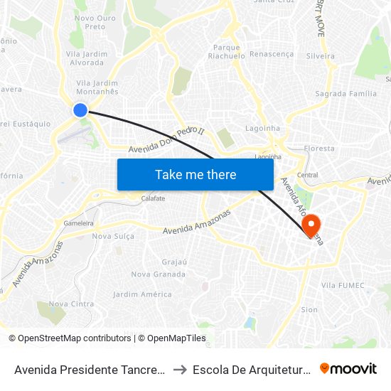 Avenida Presidente Tancredo Neves 88 to Escola De Arquitetura Da Ufmg map
