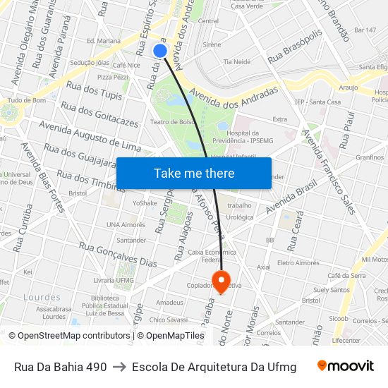 Rua Da Bahia 490 to Escola De Arquitetura Da Ufmg map