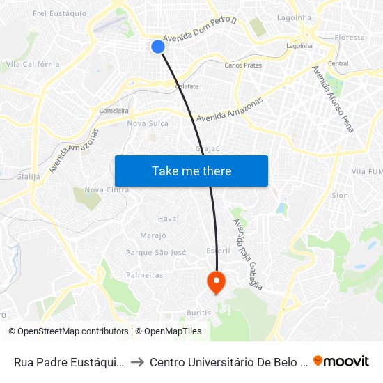 Rua Padre Eustáquio, 2636 to Centro Universitário De Belo Horizonte map