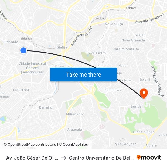 Av. João César De Oliveira, 151 to Centro Universitário De Belo Horizonte map