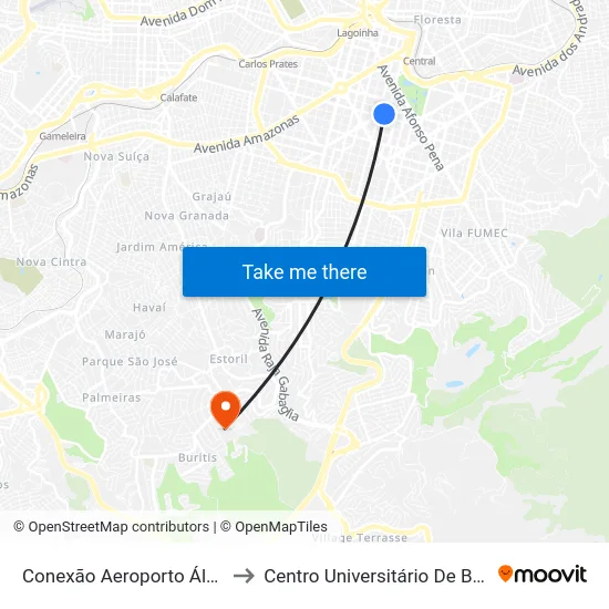 Conexão Aeroporto Álvares Cabral to Centro Universitário De Belo Horizonte map
