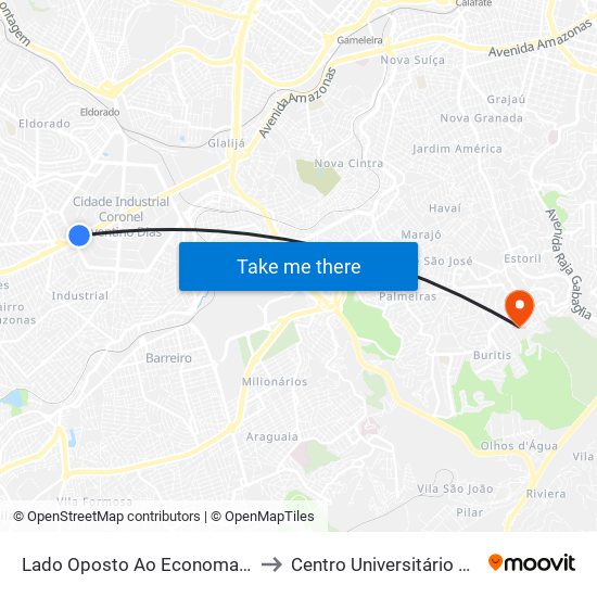 Lado Oposto Ao Economart Sentido São Paulo to Centro Universitário De Belo Horizonte map