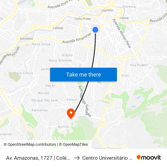 Av. Amazonas, 1727 | Colégio Santo Agostinho 2 to Centro Universitário De Belo Horizonte map