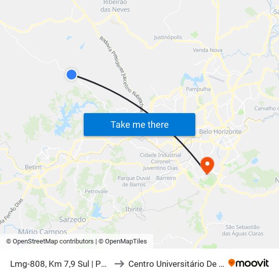 Lmg-808, Km 7,9 Sul | Posto Shell Retiro to Centro Universitário De Belo Horizonte map