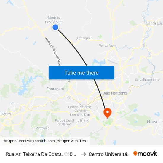 Rua Ari Teixeira Da Costa, 1100 | Prefeitura De Ribeirão Das Neves to Centro Universitário De Belo Horizonte map