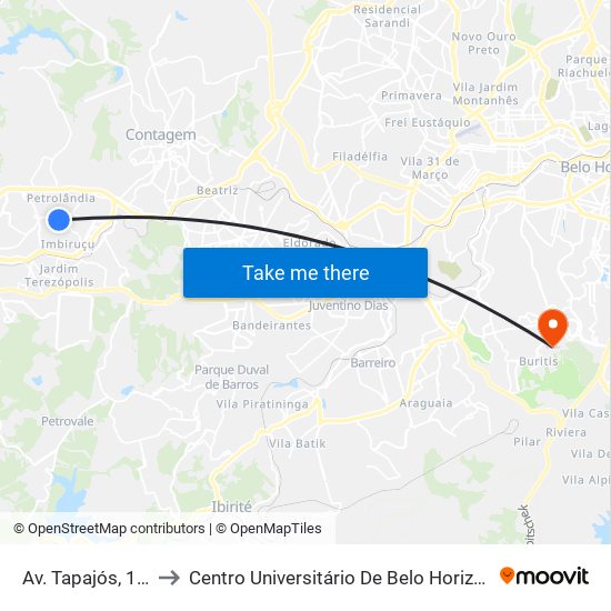 Av. Tapajós, 180 to Centro Universitário De Belo Horizonte map
