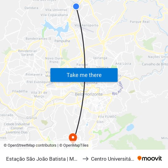 Estação São João Batista | Move Metropolitano - Sentido Centro to Centro Universitário De Belo Horizonte map