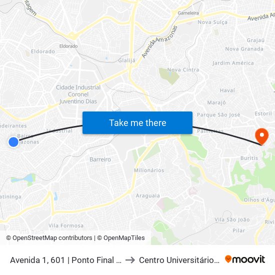 Avenida 1, 601 | Ponto Final Das Linhas 002a E 002b to Centro Universitário De Belo Horizonte map
