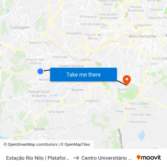 Estação Rio Nilo | Plataforma D - Sentido Bairro to Centro Universitário De Belo Horizonte map