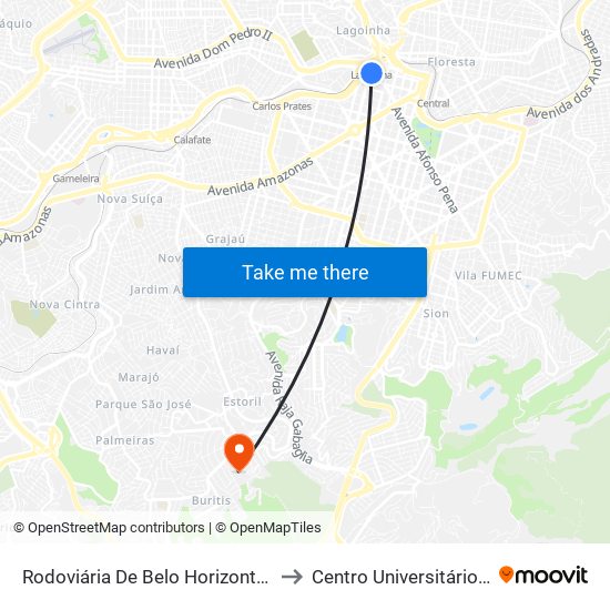 Rodoviária De Belo Horizonte | Pátio Externo - Ponto 4 to Centro Universitário De Belo Horizonte map