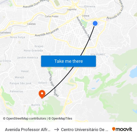 Avenida Professor Alfredo Balena 11 to Centro Universitário De Belo Horizonte map
