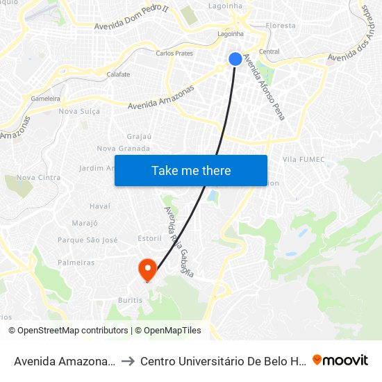 Avenida Amazonas 760 to Centro Universitário De Belo Horizonte map