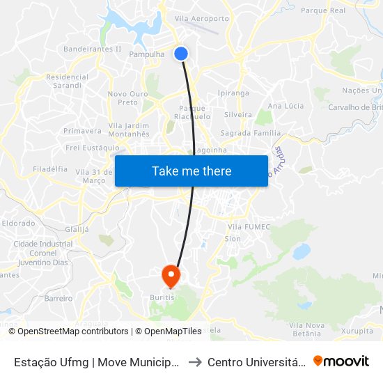 Estação Ufmg | Move Municipal - Plataforma A1 - Sentido Centro to Centro Universitário De Belo Horizonte map