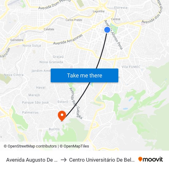 Avenida Augusto De Lima 138 to Centro Universitário De Belo Horizonte map