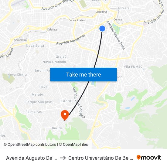 Avenida Augusto De Lima 635 to Centro Universitário De Belo Horizonte map