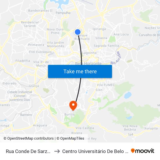 Rua Conde De Sarzedas 88 to Centro Universitário De Belo Horizonte map