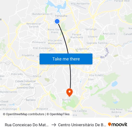 Rua Conceicao Do Mato Dentro 426 to Centro Universitário De Belo Horizonte map