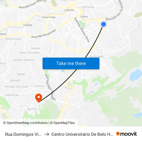 Rua Domingos Vieira 4 to Centro Universitário De Belo Horizonte map