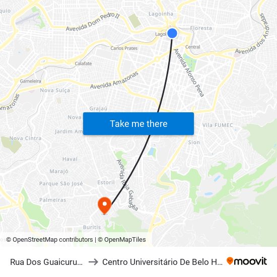 Rua Dos Guaicurus, 690 to Centro Universitário De Belo Horizonte map