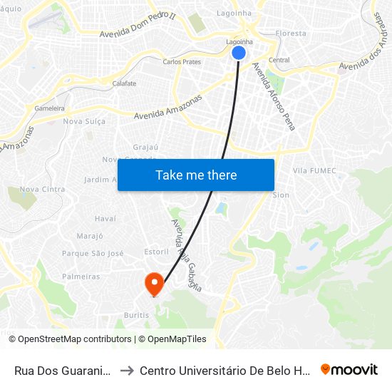 Rua Dos Guaranis 276 to Centro Universitário De Belo Horizonte map