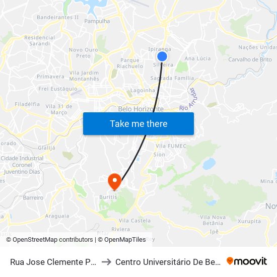 Rua Jose Clemente Pereira 572 to Centro Universitário De Belo Horizonte map