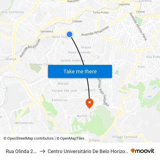 Rua Olinda 285 to Centro Universitário De Belo Horizonte map
