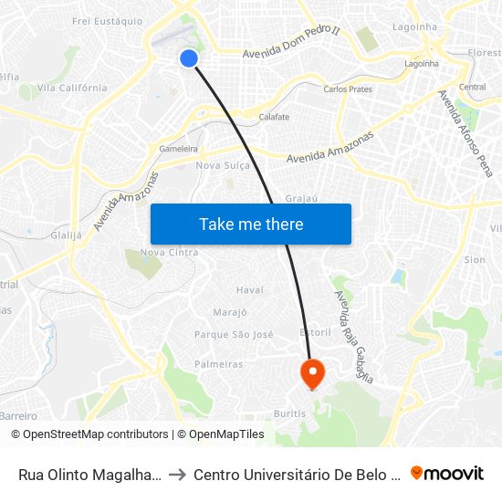 Rua Olinto Magalhaes 561 to Centro Universitário De Belo Horizonte map