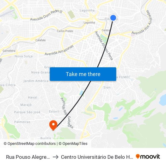 Rua Pouso Alegre 1117 to Centro Universitário De Belo Horizonte map
