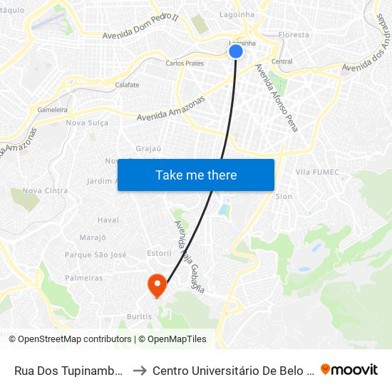 Rua Dos Tupinambas 1065 to Centro Universitário De Belo Horizonte map