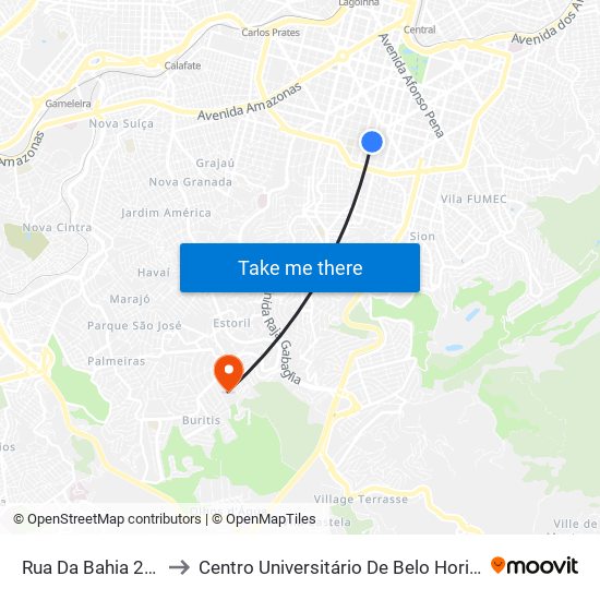 Rua Da Bahia 2244 to Centro Universitário De Belo Horizonte map