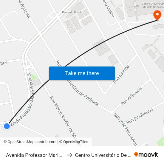 Avenida Professor Mario Werneck 2431 to Centro Universitário De Belo Horizonte map