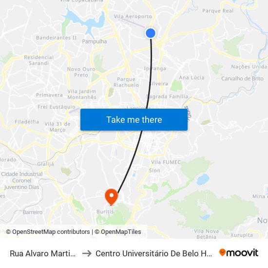 Rua Alvaro Martins 28 to Centro Universitário De Belo Horizonte map