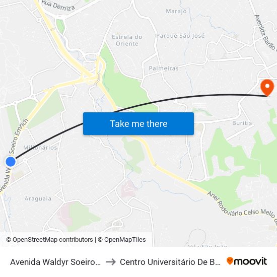 Avenida Waldyr Soeiro Emrich 328 to Centro Universitário De Belo Horizonte map
