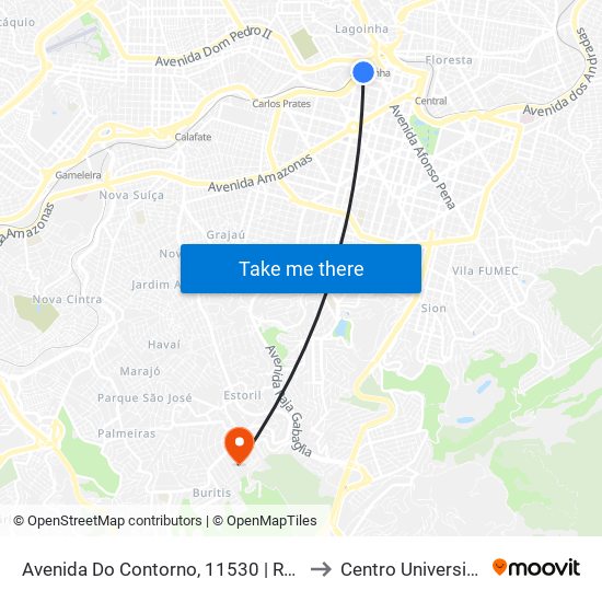 Avenida Do Contorno, 11530 | Restaurante Popular 1 (Antes Da Rodoviária) to Centro Universitário De Belo Horizonte map