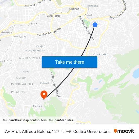 Av. Prof. Alfredo Balena, 127 | Hospital Das Clínicas Ufmg 3 to Centro Universitário De Belo Horizonte map