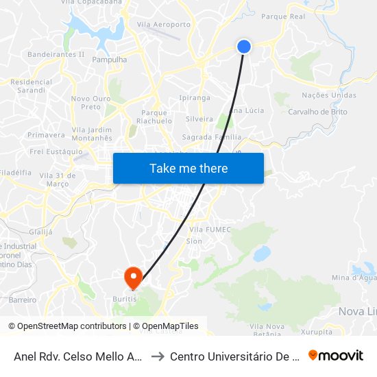 Anel Rdv. Celso Mello Azevedo, 23665 to Centro Universitário De Belo Horizonte map