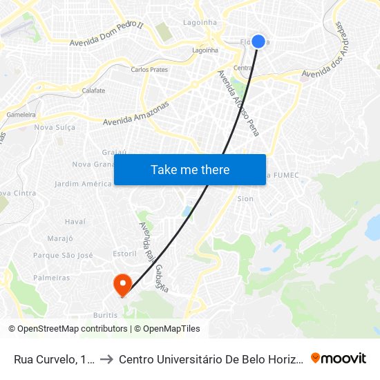Rua Curvelo, 102 to Centro Universitário De Belo Horizonte map