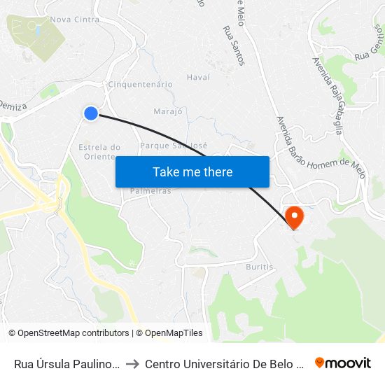 Rua Úrsula Paulino, 1351 to Centro Universitário De Belo Horizonte map