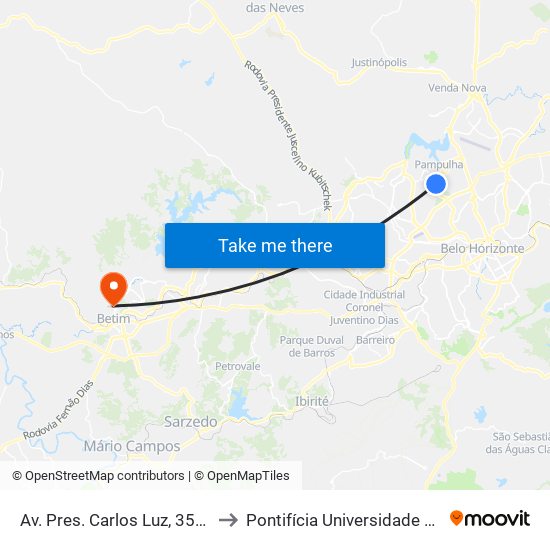Av. Pres. Carlos Luz, 3500 | Escola De Educação Física Da Ufmg to Pontifícia Universidade Católica De Minas Gerais - Campus Betim map