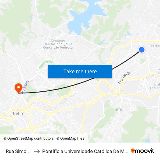 Rua Simonésia, 279 to Pontifícia Universidade Católica De Minas Gerais - Campus Betim map
